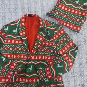 Festive Green and Red‎ Blazer with Reindeer Pattern Large 42-44